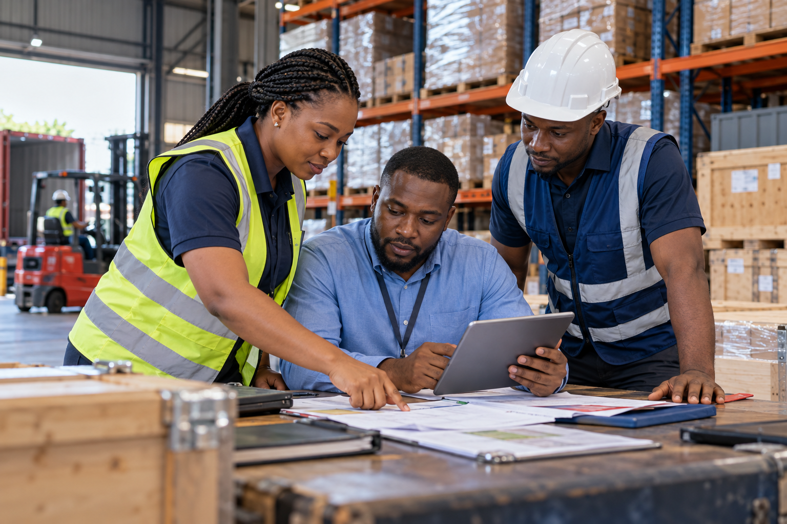 Black logistics professionals reviewing shipment plans in a warehouse